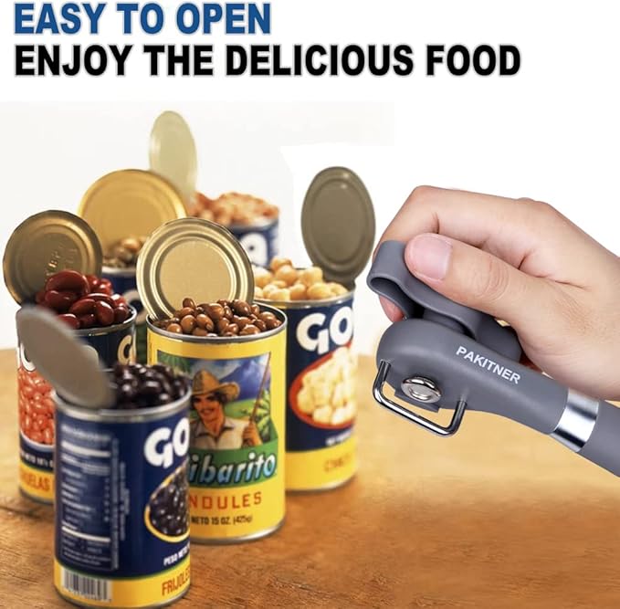 PAKITNER- Cut safe can opener, Manual can opener smooth edge - handheld Side cut can opener with Sharp Blade, Comfortable Grip Handle Food Grade Stainless Steel Cutting Can Opener, Gray