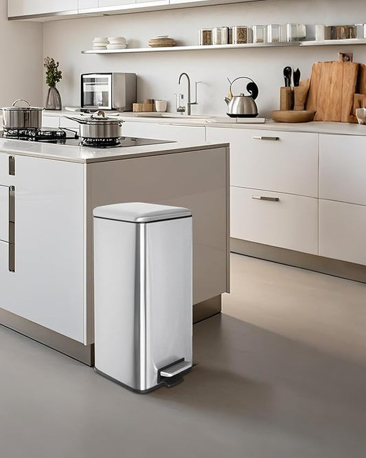 8 Gallon SquareTrash Can with Soft Close Lid, Stainless Steel Trash Can with Removal Inner Bucket, Hand -Free Trash Bin for Kitchen, Office, Laundry, Bathroom, 30 Liter Capacity, Silver