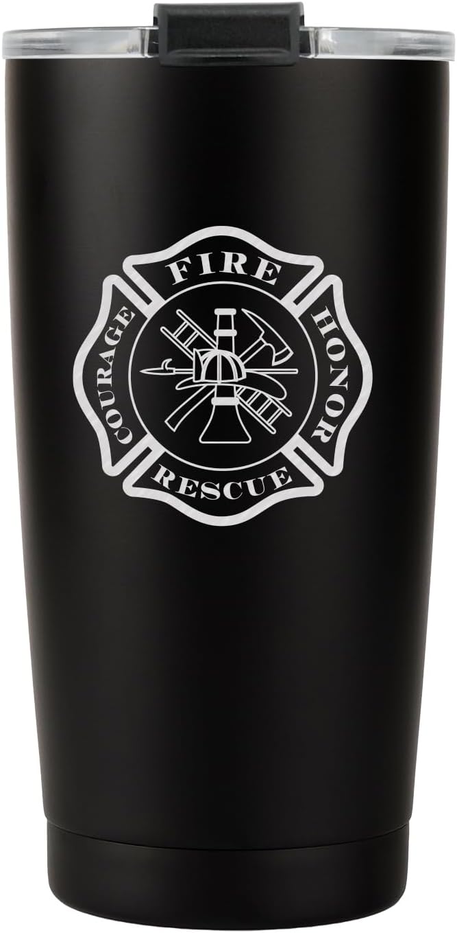Military Gift Shop 20oz Firefighter Tumbler Travel Mug – Double Wall Vacuum Insulated Firemen Mug – Matte Black (FIREFIGHTER)