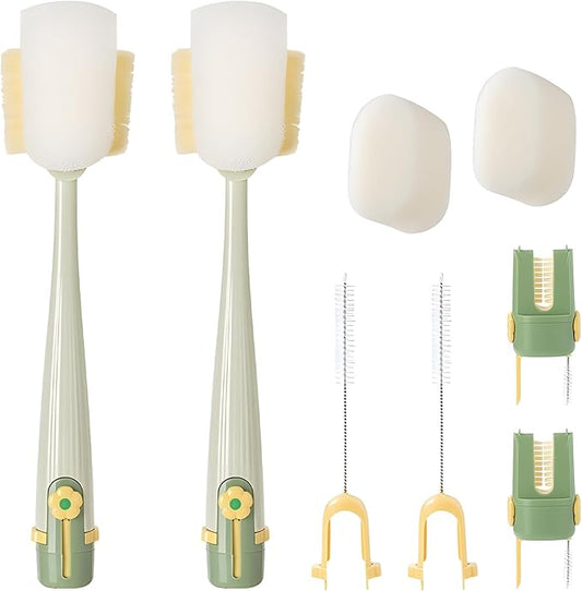 5-in-1 Bottle Cleaning Brush Set, Multifunctional Household Cleaning Kit with Long Flexible Scrubber,for Narrow Mugs, Stainless Steel Cups, Baby Bottles and Tumbler (Green, 2 pcs)