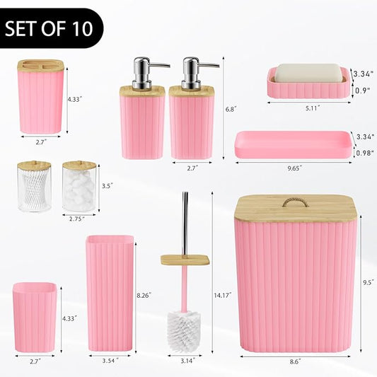 Bathroom Accessories Set - 10PC Bathroom Set, Pink Bathroom Set, Bathroom Accessories Set, Toilet Brush, Bathroom Trash Can & Soap Dispenser