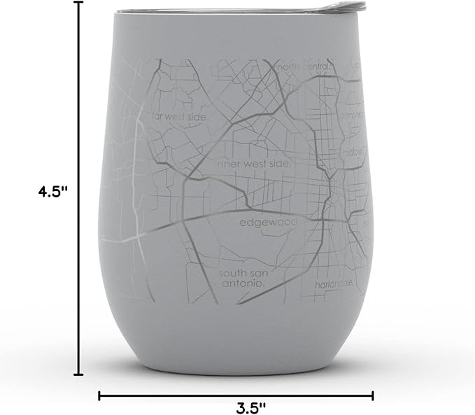 Well Told Engraved San Antonio Texas Map Insulated Wine Tumbler, Etched Stainless Steel Cup (12 oz, Dockside Gray) City Map Insulated Tumbler, Custom Insulated Tumbler, Outdoor Drinkware
