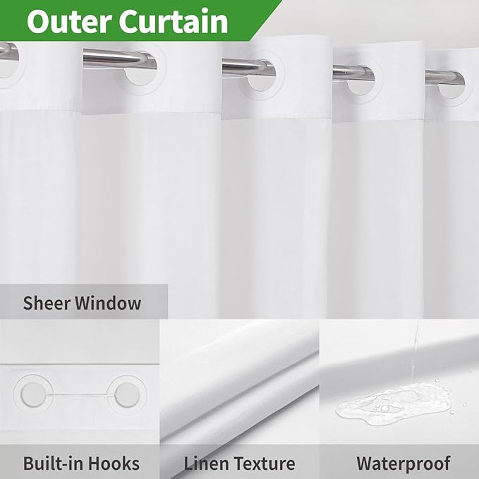 No Hooks Needed Linen Textured Shower Curtain with Snap-in Fabric Liner Set,White Hotel Luxury Decor Shower Curtains for Bathroom with Mesh Top Window,Waterproof & Washable,71Wx74H