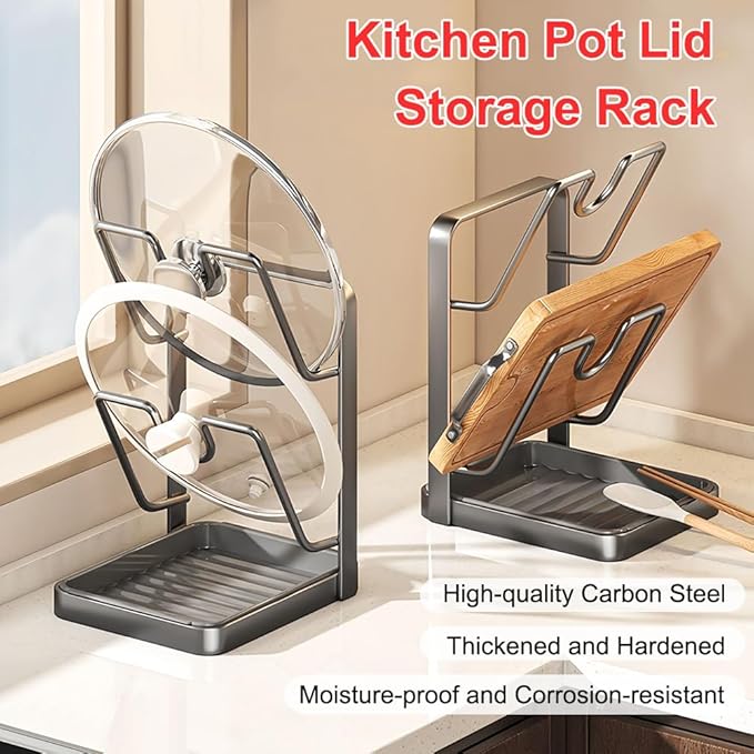 Kitchen Pot Lid Storage Rack with Tray, Pot Lid Organizer Rack While Cooking, Multifunctional Carbon Steel Kitchen Pot Lid and Spoon Storage Rack for Counter (Grey, Double-Layer)