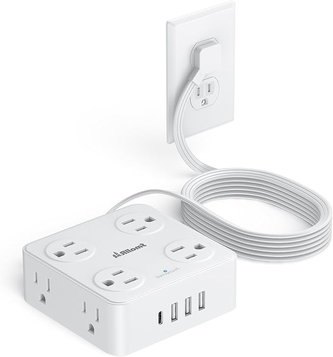 Flat Plug Power Strip with USB C, 6.5FT Flat Extension Cord - 8 AC Outlets and 4 USB(1 USB C), Power Strip with Surge Protector, Wall Mount Charging Station Office Home (White, 15 FT)