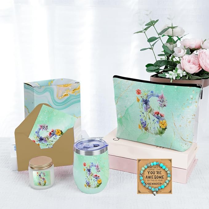 Personalized Gifts Monogrammed Birthday Gifts for Women, New Mom, Grandma Valentine's Day Thank You Christmas, Initial Wine Tumbler Makeup Bag Scented Candle Bracelet Set, (Aesthetic Green Flower S)