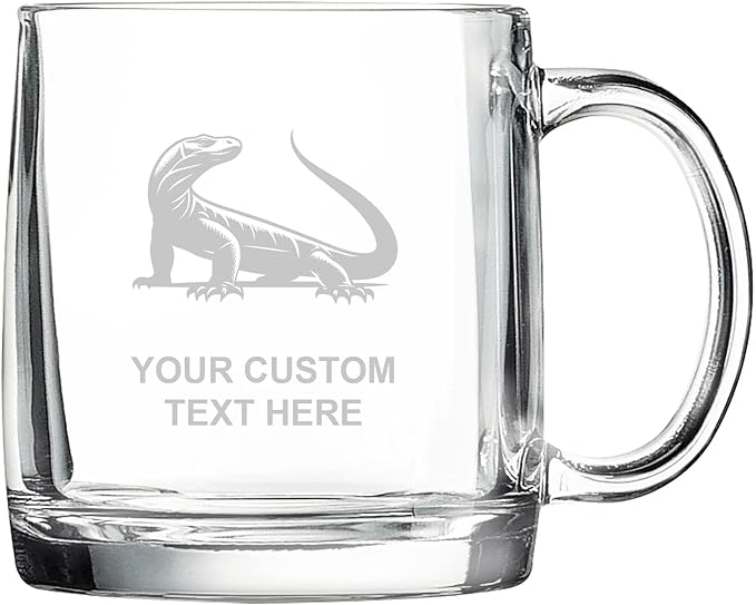 Komodo Dragon, Personalized 12.5 oz Polar Camel Glass Coffee Desk Mug – Custom Laser Engraved Clear Cup for Tea, Espresso, Latte, Whiskey - Microwave Safe/Made in USA
