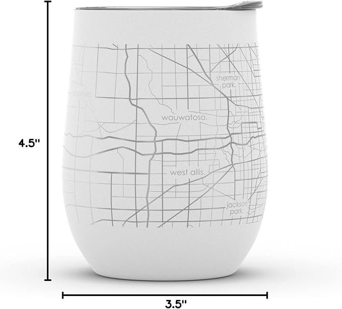 Well Told Engraved Milwaukee Wisconsin Map Insulated Wine Tumbler, Etched Stainless Steel Wine Tumbler (12 oz, White) City Map Insulated Tumbler, Custom Insulated Tumbler, Outdoor Drinkware