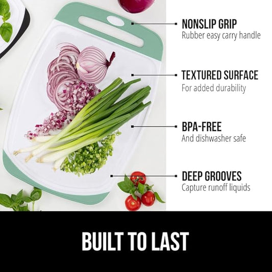 GORILLA GRIP BPA-Free Reversible Kitchen Cutting Board Set of 3, US Designed, Nonporous, Juice Grooves Catch Liquid, Slip Resistant Border, Dishwasher Safe Large Food Chopping Boards, Gray Mint Pink