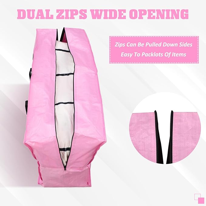 4 Pcs 66 Gallon Large Moving Bags with Zipper and Handles Foldable Storage Duffle Bags Heavy Duty Extra Large Totes for College Dorm Travel Clothes Blankets Bedding Moving (Pink)