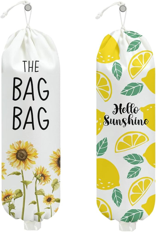 2 Pcs Sunflower Plastic Bag Holder, Lemon grocery bag holder for plastic Storage bag, Reusable Grocery Bag Organizer with Drawstring, Pull Rope Free Adjustment, Home Kitchen Pantry Decor, 22.5x9 Inch