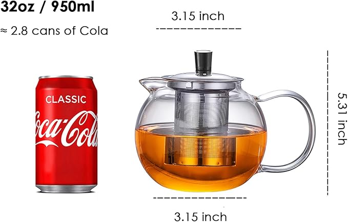 TMOST Glass Teapot with Removable Infuser, Stovetop Safe Tea Kettle blooming Loose Leaf Tea pot (32oz/950ml)