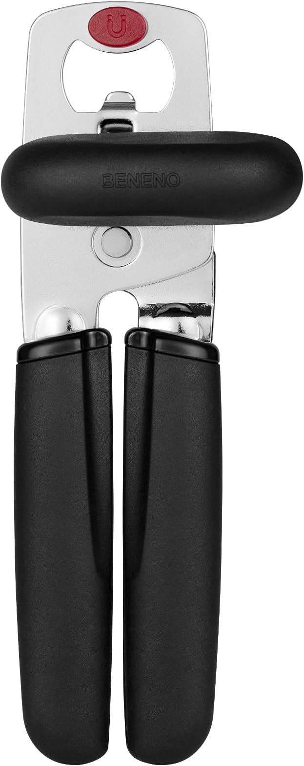 Beneno Upgrade Smooth-Operating Manual Can Opener with Magnet Lid Lifter, Ultra Sharp Steel Cutting Wheel & Easy Turn Knob, Comfort Grip Handles Effortless to Use, Multifunction Bottles Opener, Black