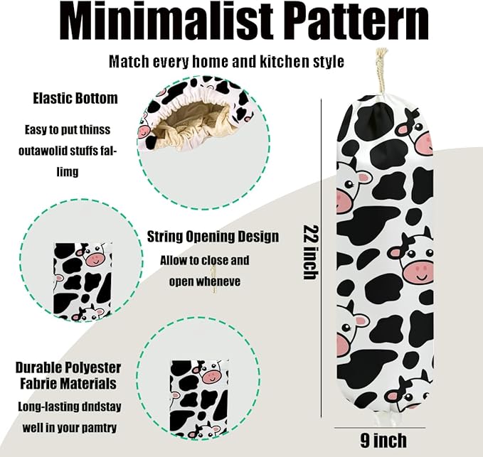 2Pcs Cow Plastic Bag Holder 22.5x9 Inch, Cute Cows Wall Mount Plastic Bag Organizer with Drawstring, Reusable Grocery Bags Storage Dispenser for Home Kitchen Pantry Decor, Cow Gifts for Women Mom