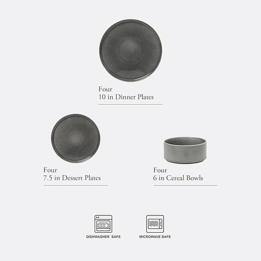Gibson Elite Solana Coast 12 Piece Stoneware Reactive Glaze (Service for 4) Ceramic Plates and Bowls Modern Shape Embossed Dinnerware Set - Black