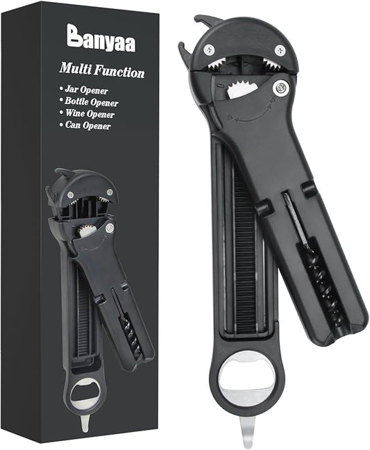 7 in 1 Jar Opener Bottle Opener and Wine Opener for Seniors with Arthritis, Weak Hands, Multi Retractable Magnetic Can Opener, Original Kitchen Lid Opener Tool (Black)