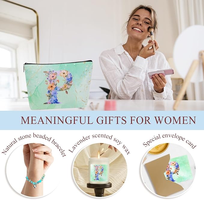 Personalized Gifts for Women Monogrammed Birthday Gifts for Women, Wife Girlfriend Wedding Christmas, Initial Wine Tumbler Makeup Bag Scented Candle Bracelet Set, (Aesthetic Green Flower P)