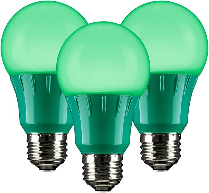 Sunlite 40451 LED A19 Colored Light Bulb, 3 Watts (25w Equivalent), E26 Medium Base, Non-Dimmable, UL Listed, Party Decoration, Holiday Lighting, 3 Count, Green