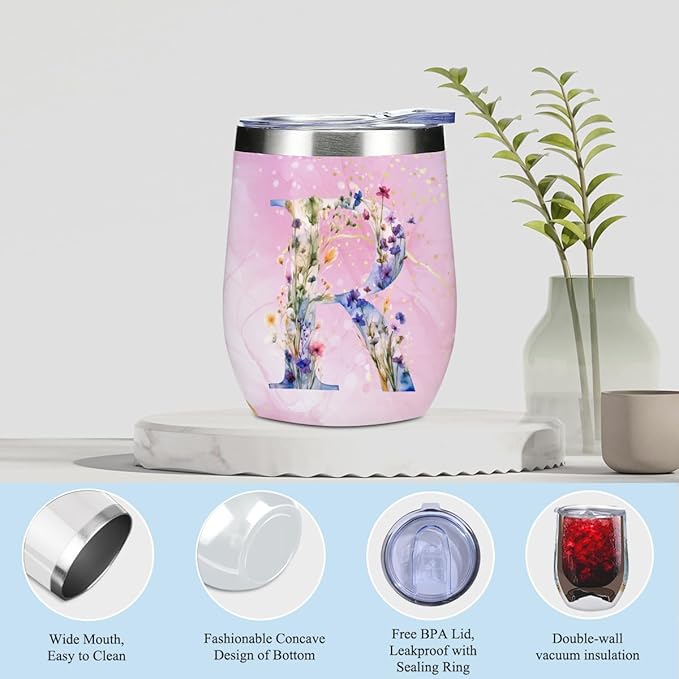 Personalized Gifts Monogrammed Birthday Gifts for Women, Mommy, Female Going Away Farewell Christmas, Initial Wine Tumbler Makeup Bag Scented Candle Bracelet Set, (Aesthetic Pink Flower R)