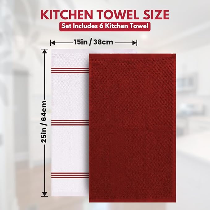 Infinitee Xclusives 100% Cotton Kitchen Towels - 15x25 Inch Ultra Soft Tea Towels, Super Absorbent Terry Dish Towel for Kitchen Linens |Passionate Red|