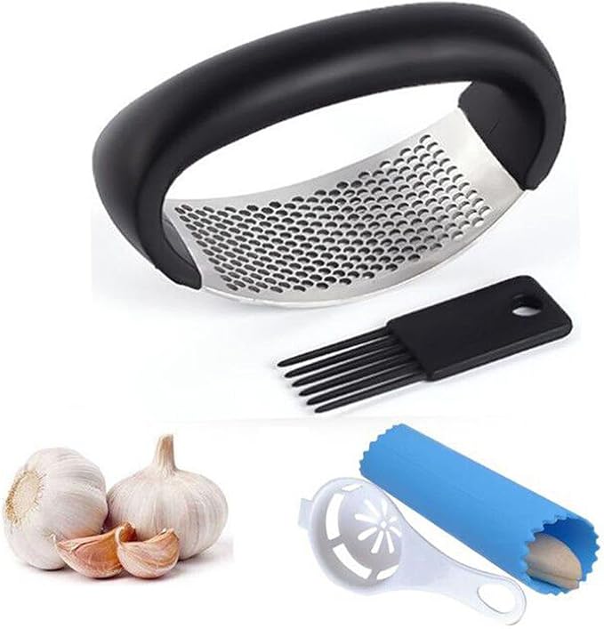 Garlic Press Rocker - Stainless Steel Garlic Crusher, Chopper, Mincer with Silicone Garlic Peeler, Mini Brush Tools For You (Black)