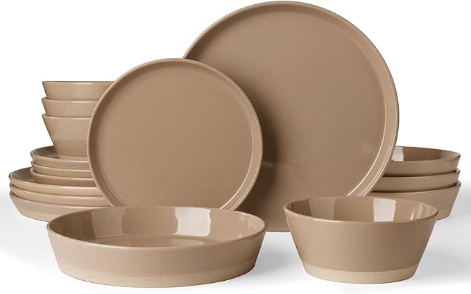 Famiware Saturn Dinnerware Set with Pasta Bowl, 16 Pieces Dish Set, Plates and Double Bowls Sets for 4, Chip and Scratch Resistant, Microwave and Dishwasher Safe Tableware, Cinnamon Brown