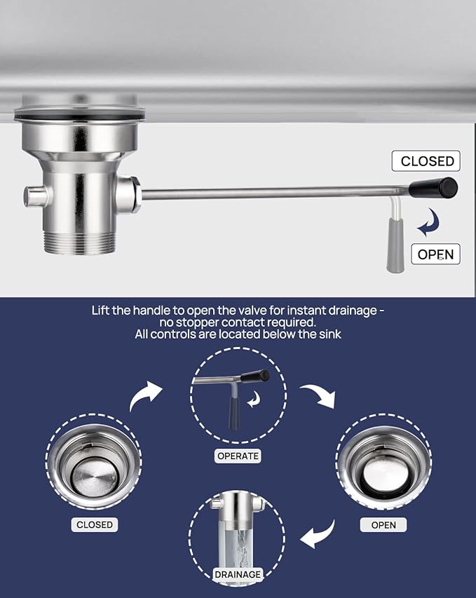 3-1/2" Commercial Sink Drain with Twist Lever Handle, Waste Drain Valve Without Overflow Inlet for Restaurant 2/3 Compartment Sink, Easy Controll, Block-Free and Leakproof