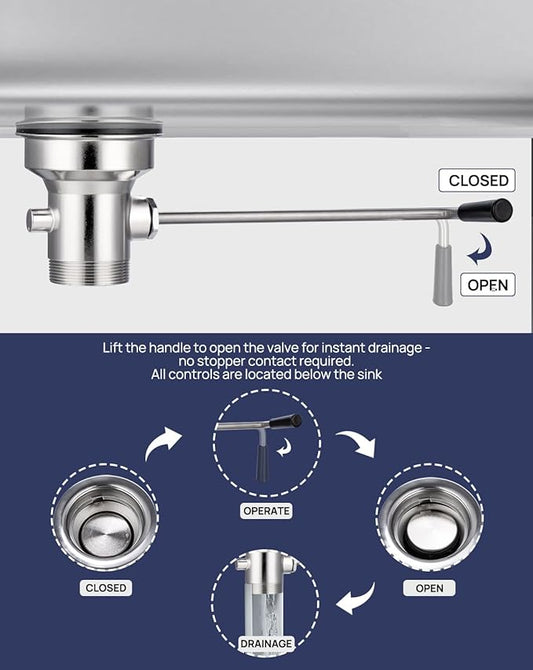 3-1/2" Commercial Sink Drain with Twist Lever Handle, Waste Drain Valve Without Overflow Inlet for Restaurant 2/3 Compartment Sink, Easy Controll, Block-Free and Leakproof