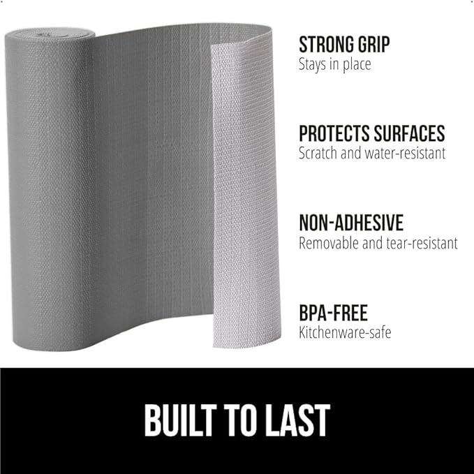 GORILLA GRIP Slip Resistant Drawer and Shelf Liner 2 Pack, Non Adhesive Water Resistant, Easy Clean and Trim, Smooth Surface Liners for Kitchen Cabinet, Shelves, Drawers, Pantry, 20 in x 20 FT, Gray