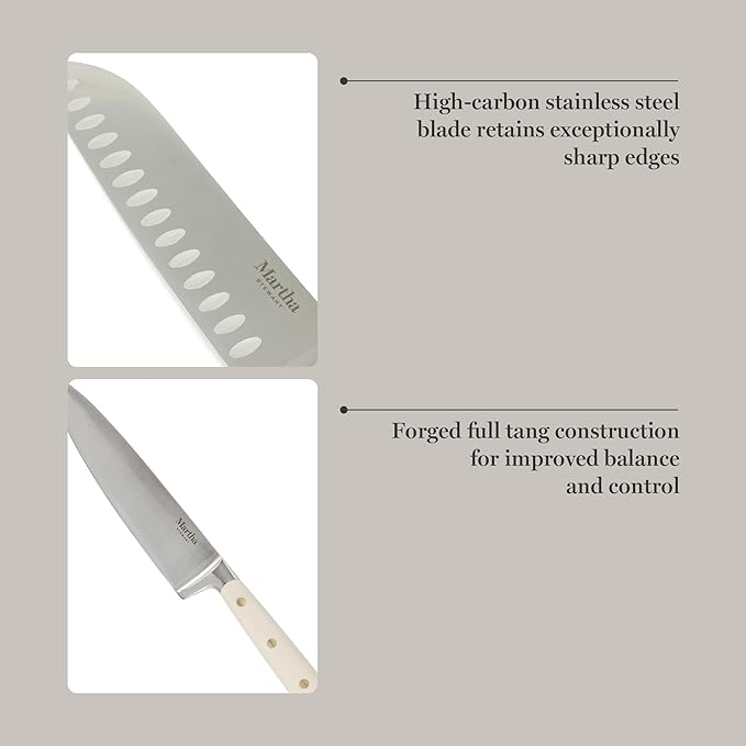 Martha Stewart 16 Piece Lockton High Carbon Stainless Steel Cutlery Kitchen Knife Block Set W/ABS Tripe Riveted Forged Handle Acacia Wood Block - Linen White W/Gold