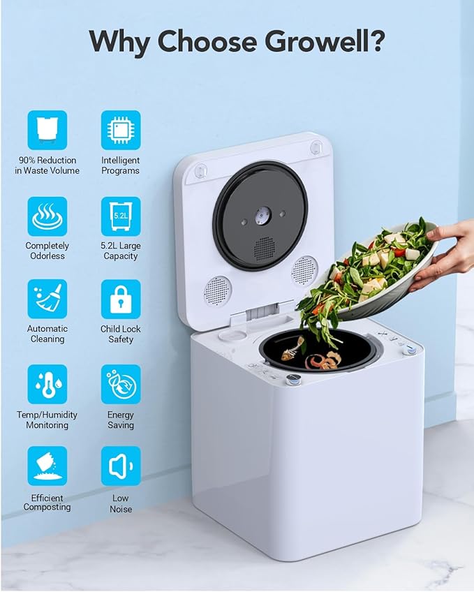 EC03 Electric Composter for Kitchen Indoor, 5.2L 3-in-1 Large Countertop Compost Bin, Drying/Grinding/Composting, Odorless Food Waste Compost Machine with Auto-Clean & Smart Sensor LED Displa
