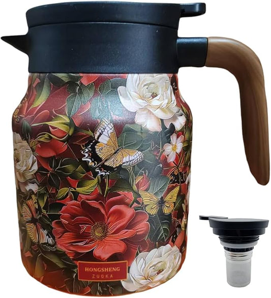 1000ml Smart Temperature Control Vintage Floral Tea Thermos Stainless Steel Insulated Mug with Built-In Filter Double Wall Vacuum Travel Tumbler for Hot Cold Drinks (Red flower)