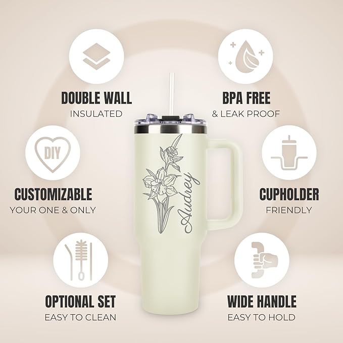 Personalized 40 Oz Tumbler with Handle and Straw Lid, Custom Stainless Steel Water Bottle Travel Mug with Names and Birth Flower, Personalized Mothers Birthday Gifts for Mom Women Men Friend,Christmas