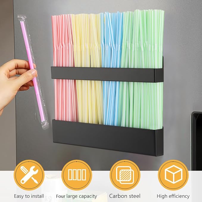 Magnetic Straw Holder – Detachable, Fits All Straws, Prevents Water Buildup (Cabinet/Fridge Use), Sticks to Metal Surfaces – Dividers for No Mess, Dry Straw Storage (Black, Large)