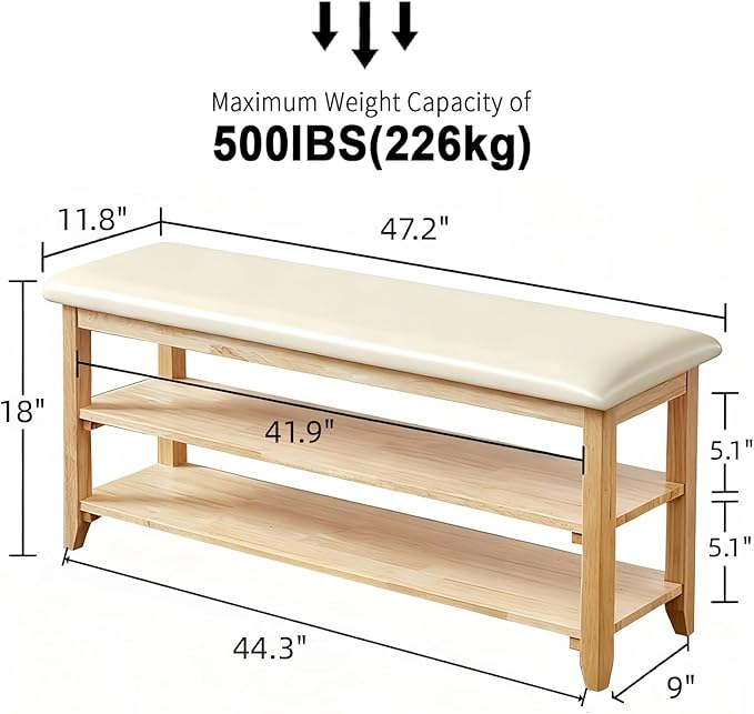 Shoe Bench Storage with Leather Cushion, Rustic Solid Wood Entryway Bench with 2 Height-Adjustable and Removable Shelves for Hallway, Living Room, Mudrooms (Natural Wood,47.2")