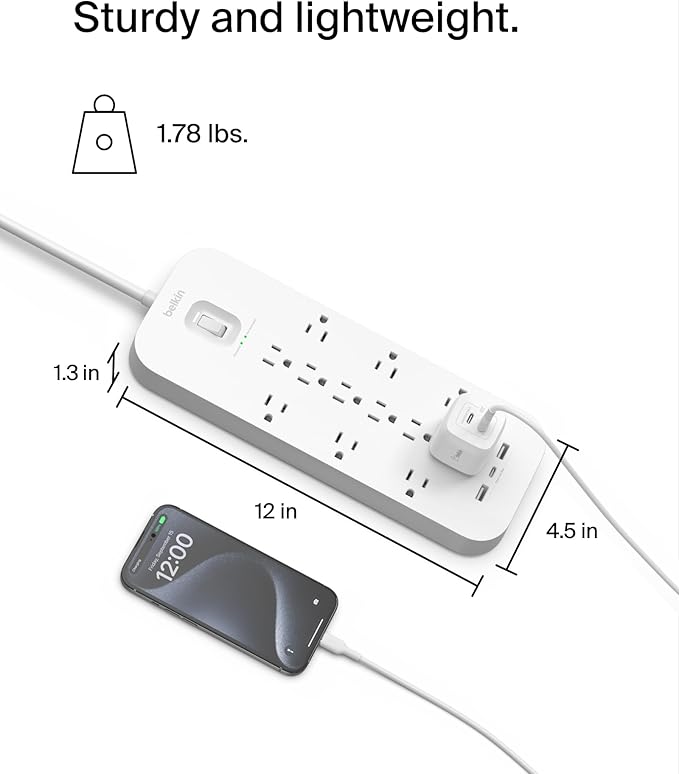 Belkin 12-Outlet Surge Protector Power Strip w/ 12 AC Outlets, 2 USB-A Ports and 1 USB-C Port, 6ft Cable, UL-listed w/ Overload & Overvoltage Protection + On/Off Switch - 3,480 Joules of Protection