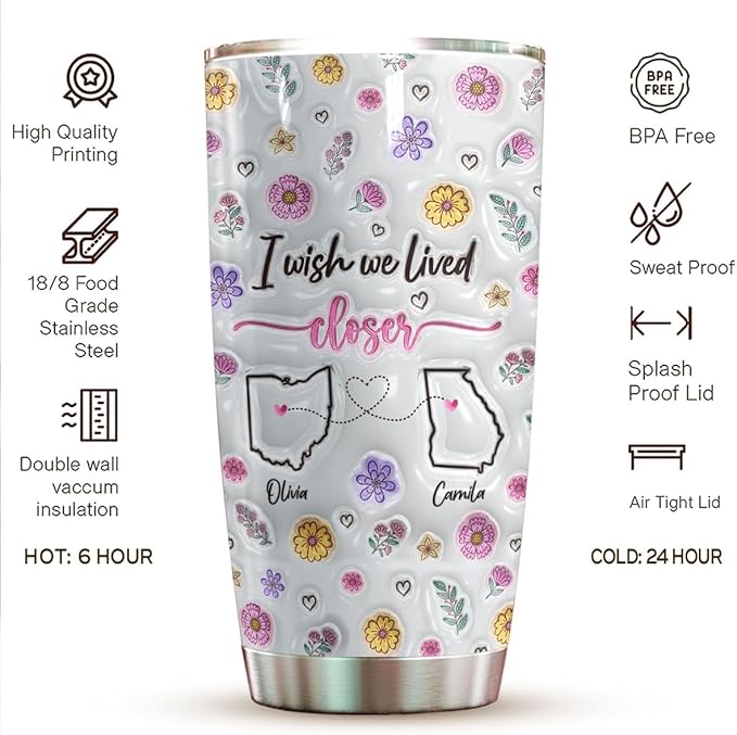Personalized I Wish We Lived Closer Mug, Custom State To State Mugs With Name, Floral Decorations Cup, Mugs Gifts For Sisters Friends, Mug Gifts For Mother From Son Daughter