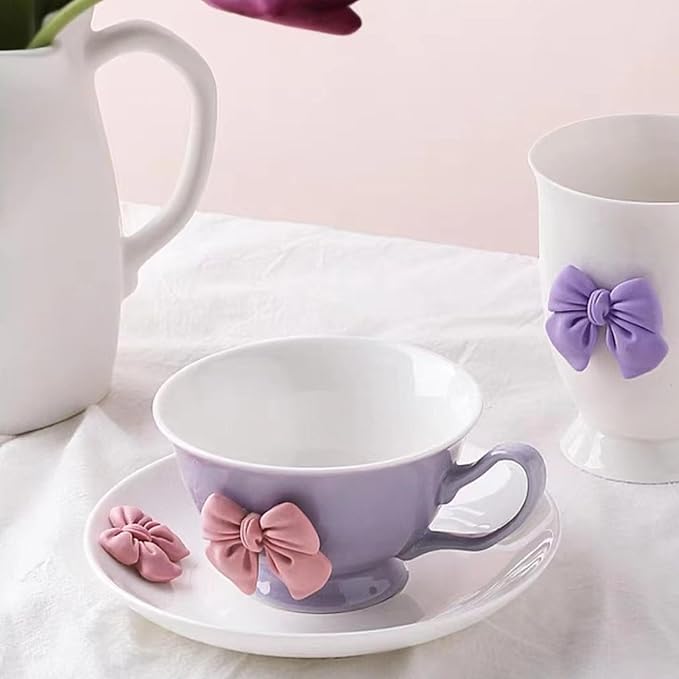 Bow Coffee Mugs Set with Saucer 200 ML Coquette Mug Porcelain Bow Cute Tea Cup Coffee for Women Girl