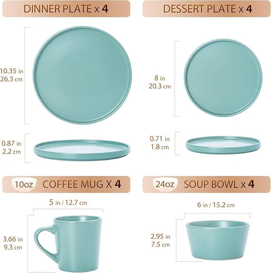 Plates and Bowls Sets for 4 - CJDC-QUELO 16 Piece Stoneware Dinnerware Sets with Mugs, Ceramic Dishware Sets for Kitchen Dining Use, Chip and Scratch Resistant Microwave Dishwasher Safe, Green