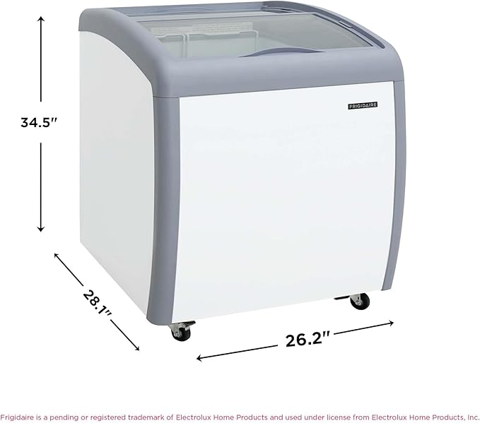 Frigidaire Commercial Chest Freezer for Ice Cream and Frozen Foods, Store Displayer, Glass Top Storage Case, 4 Cu. Ft. Bin, Rolling Caster Wheels, Adjustable Temperature, Energy Efficient Cooling