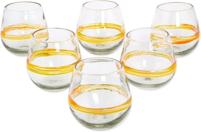 NOVICA Clear Yellow Stripe Hand Blown Glass Stemless Wine Glasses, 14 Oz, Round Ribbon Of Sunshine' (Set Of 6)