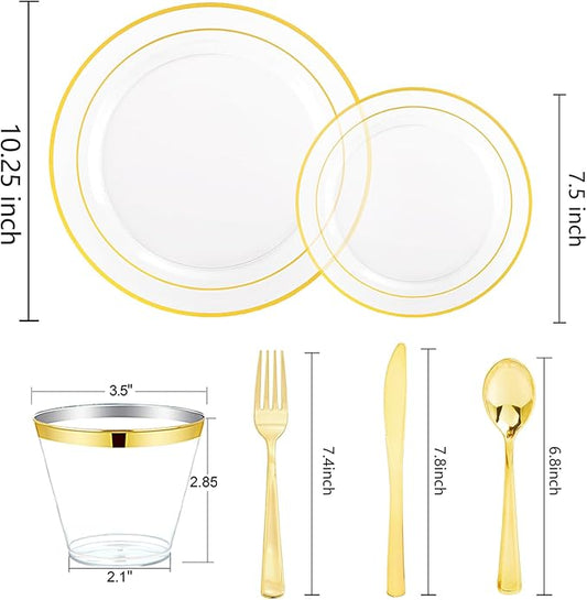 bUCLA 600PCS Clear Plates with Gold Trim - Clear Gold Dinnerware Set Disposable Include 100 Dinner/100 Dessert Plates, 100 Knives, 100 Forks, 100 Spoons, 100 Cups for Wedding, Party