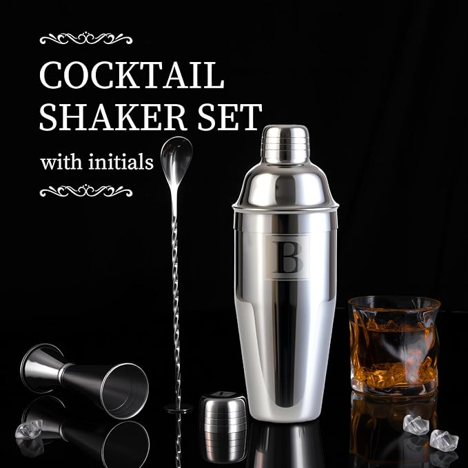 24oz Cocktail Shaker Set with 1 oz 2oz Jigger - Monogramm Initials Martini Shaker Set - 304 Stainless Steel Bar Shaker for Margarita,Mojito-Personalized Gift for Friend,Husband-D