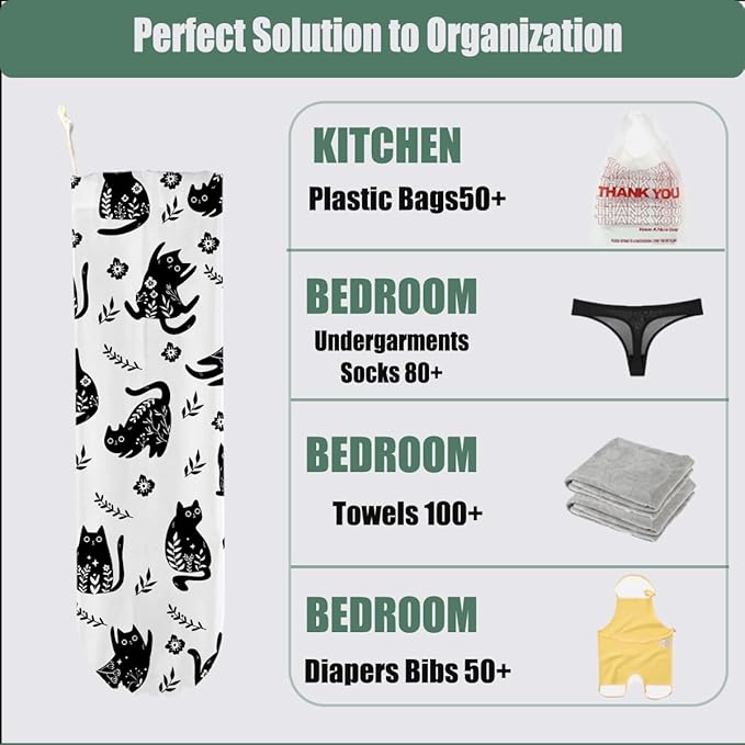Cat Plastic Bag Holder for Kitchen Essentials, Wall Mount Plastic Bag Holders for Grocery Bags, Cute Vintage Flowers Grocery Bags Storage Dispenser for Home Kitchen Pantry Decor, Cat Gifts for Women