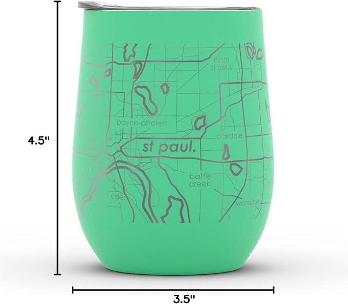 Well Told Engraved Minneapolis Minnesota Map Insulated Wine Tumbler, Etched Stainless Steel Cup (12 oz, Sunday Green) City Map Insulated Tumbler, Custom Insulated Tumbler, Outdoor Drinkware