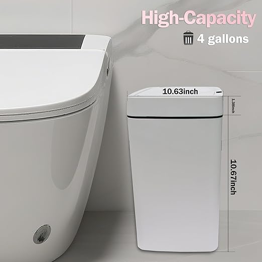 4 Gallon Automatic Sensor Trash Can - Smart Touchless Garbage Bin with Lid, Plastic Waterproof Material for Bathroom, Office, Kitchen, Bedroom (10.63 x 7.17 x 12.13 inches) White