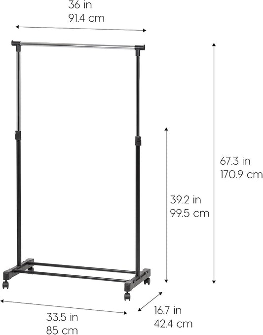 IRIS USA Clothes Rack, Portable Single-Rod Height Adjustable with Lockable Wheels, Rolling Garment Rack, Single Rod Wardrobe Rack, Easy Assemble, for Clothes, Belts, Shoes, and Bags