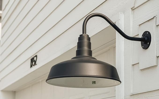 Steel Lighting Co. | Dusk to Dawn | Gardena Barn Light | Outdoor Wall Mounted | 16" Dome | 11" Gooseneck | Farmhouse Light Made in America | Hunter Green/Brass