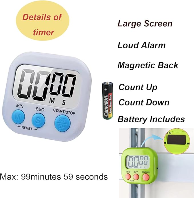 6 Pack Large Screen Digital Kitchen Timer, Magnetic Timer, Big Digits Loud Alarm, Count Up/Down, ON/Off Switch, Teachers, Classroom, Cooking, Baking