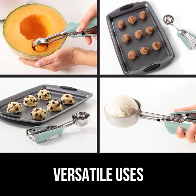 GORILLA GRIP BPA-Free Stainless Steel Cookie Scoop, 3 TBSP Scooper #20, Soft Grip Handle, Easy Food Release, Create Even Portion Sizes, Multipurpose Kitchen Melon Baller, Meatball Spring Scoops, Mint